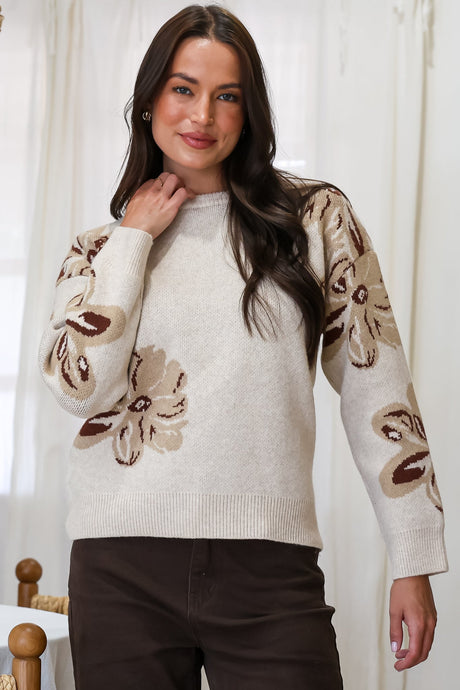 Breezy Jumper - Crew Neck Long Sleeve Floral Knit with Ribbed Hemlines in Beige