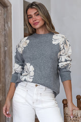 Breezy Jumper - Crew Neck Long Sleeve Floral Knit with Ribbed Hemlines in Gray