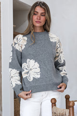Breezy Jumper - Crew Neck Long Sleeve Floral Knit with Ribbed Hemlines in Gray