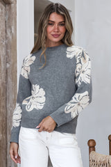 Breezy Jumper - Crew Neck Long Sleeve Floral Knit with Ribbed Hemlines in Gray