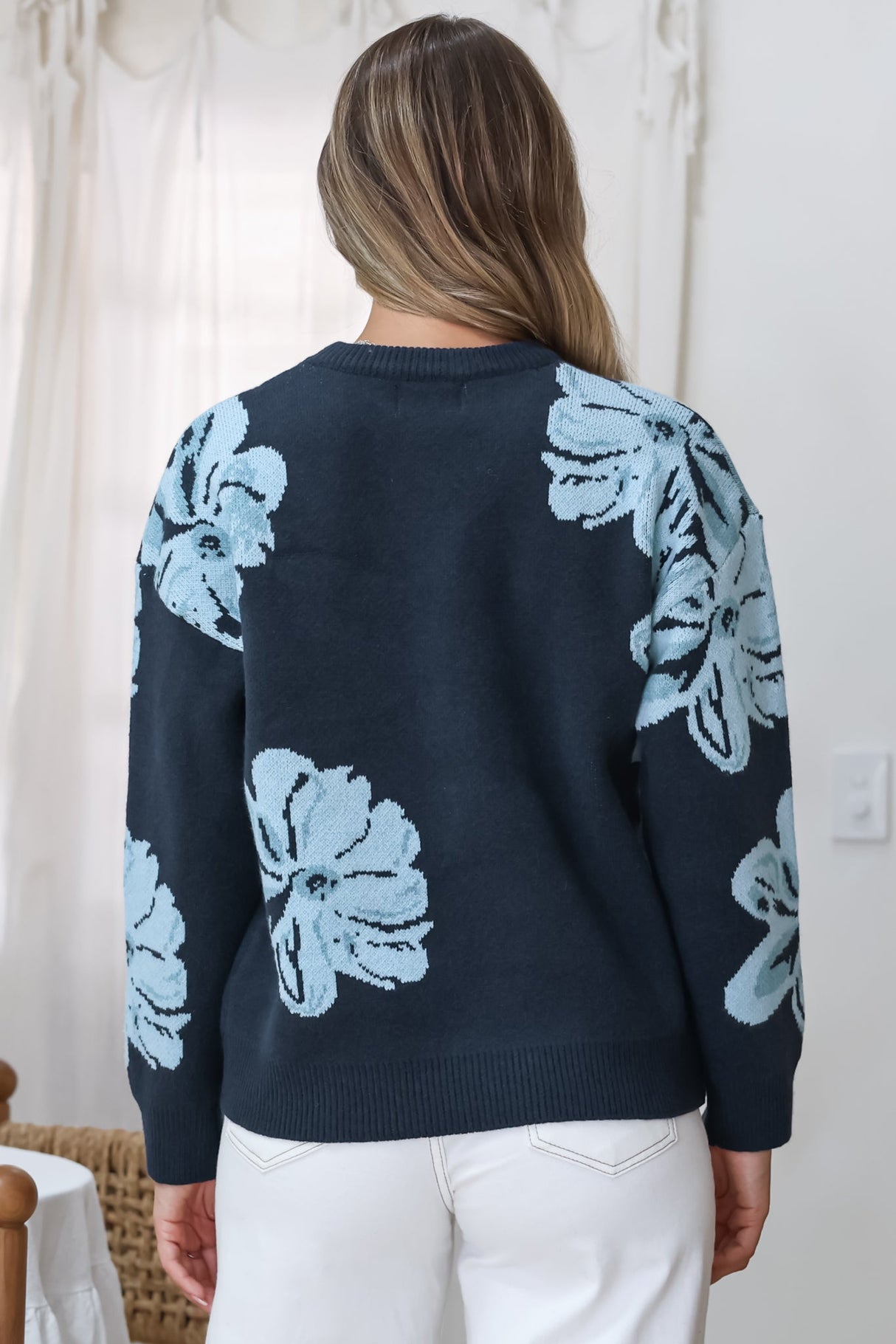 Breezy Jumper - Crew Neck Long Sleeve Floral Knit with Ribbed Hemlines in Navy