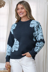 Breezy Jumper - Crew Neck Long Sleeve Floral Knit with Ribbed Hemlines in Navy
