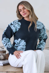 Breezy Jumper - Crew Neck Long Sleeve Floral Knit with Ribbed Hemlines in Navy
