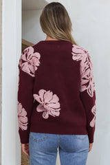 Breezy Jumper - Crew Neck Long Sleeve Floral Knit with Ribbed Hemlines in Wine