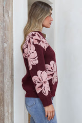Breezy Jumper - Crew Neck Long Sleeve Floral Knit with Ribbed Hemlines in Wine