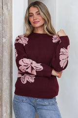 Breezy Jumper - Crew Neck Long Sleeve Floral Knit with Ribbed Hemlines in Wine