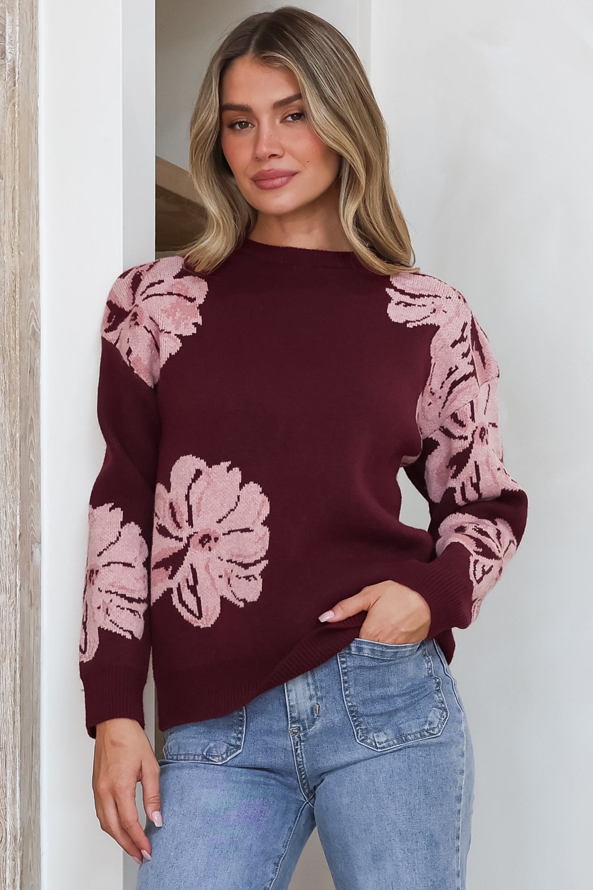 Model wearing Breezy Jumper in Wine from Salty Crush