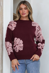 Breezy Jumper - Crew Neck Long Sleeve Floral Knit with Ribbed Hemlines in Wine