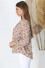 Brenda Top - V Neck 3/4 Sleeve with Button Cuff High-Low Hem Top in Hollie Print Beige