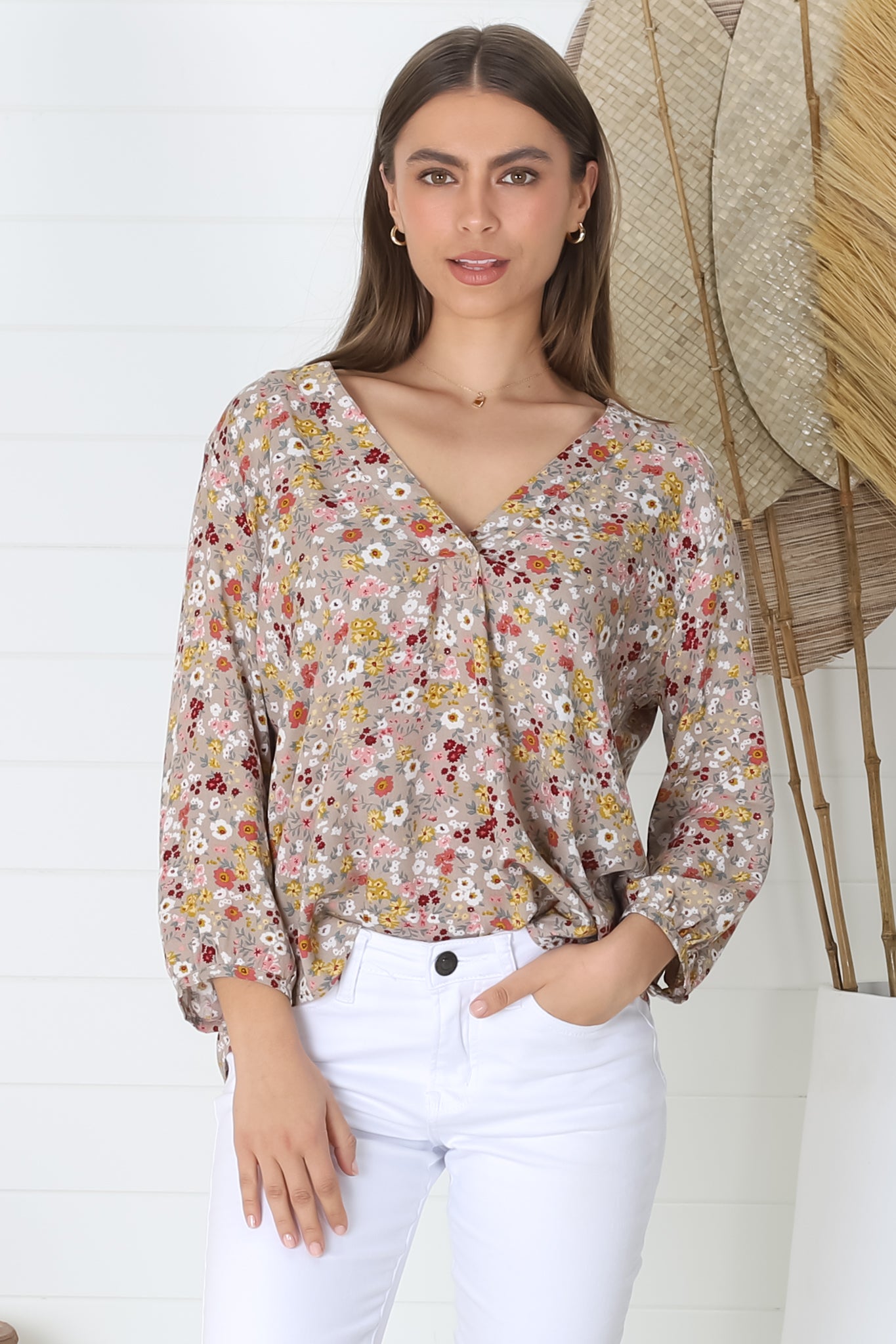 Brenda Top - V Neck 3/4 Sleeve with Button Cuff High-Low Hem Top in Hollie Print Beige