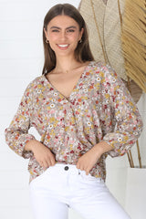 Brenda Top - V Neck 3/4 Sleeve with Button Cuff High-Low Hem Top in Hollie Print Beige