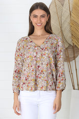 Brenda Top - V Neck 3/4 Sleeve with Button Cuff High-Low Hem Top in Hollie Print Beige