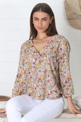 Brenda Top - V Neck 3/4 Sleeve with Button Cuff High-Low Hem Top in Hollie Print Beige