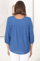 Brenda Top - V Neck 3/4 Sleeve with Button Cuff High-Low Hem Top in Blue