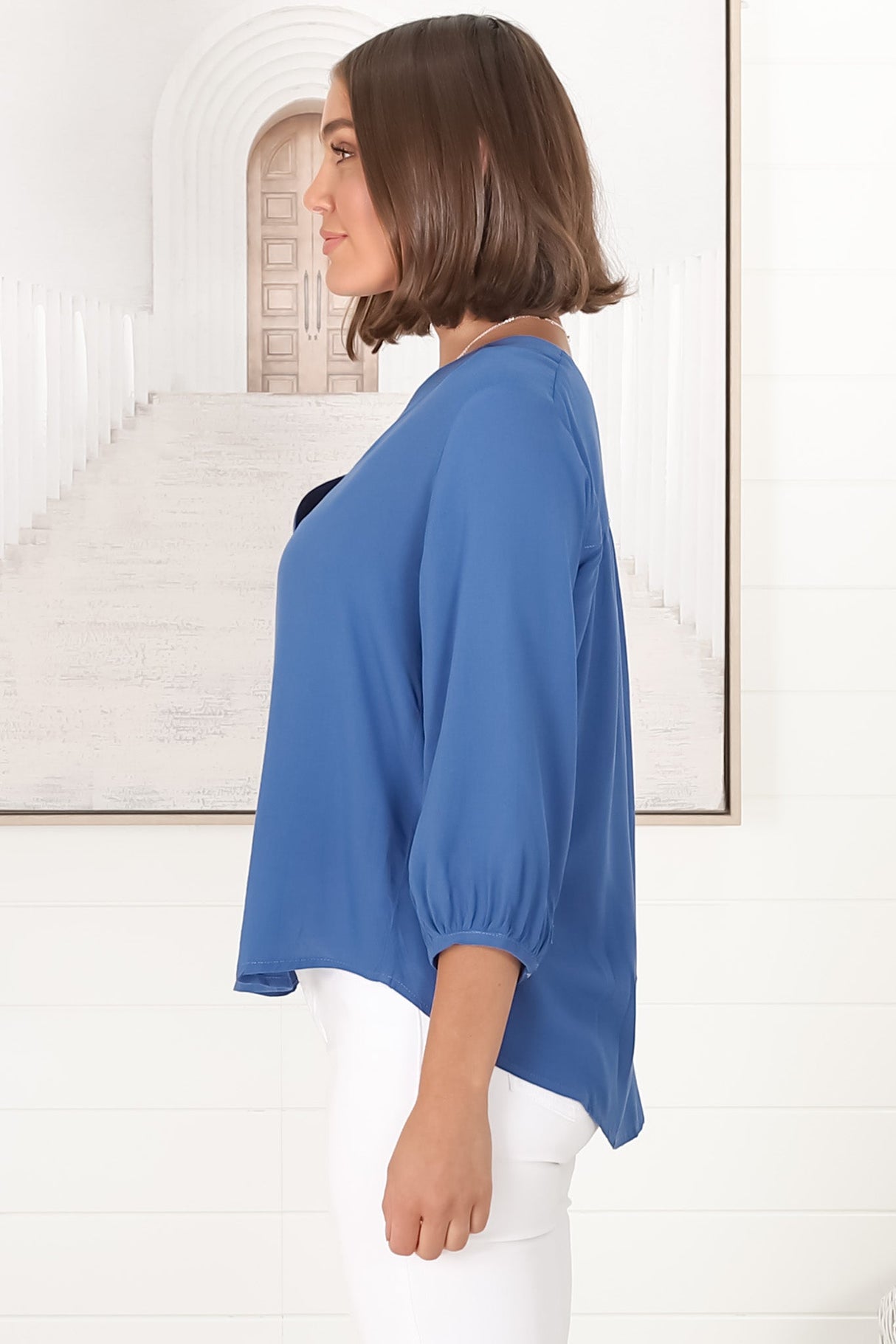 Brenda Top - V Neck 3/4 Sleeve with Button Cuff High-Low Hem Top in Blue