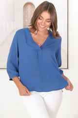 Brenda Top - V Neck 3/4 Sleeve with Button Cuff High-Low Hem Top in Blue