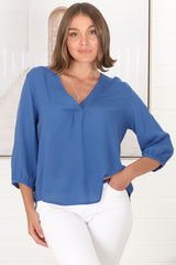 Brenda Top - V Neck 3/4 Sleeve with Button Cuff High-Low Hem Top in Blue