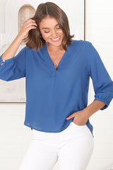 Brenda Top - V Neck 3/4 Sleeve with Button Cuff High-Low Hem Top in Blue