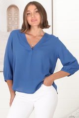 Brenda Top - V Neck 3/4 Sleeve with Button Cuff High-Low Hem Top in Blue