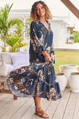 JAASE - Briana Midi Dress: Frill Collar Oversized Buttoned Dress with Waist Tie and Frill Splicing in Indigo Print