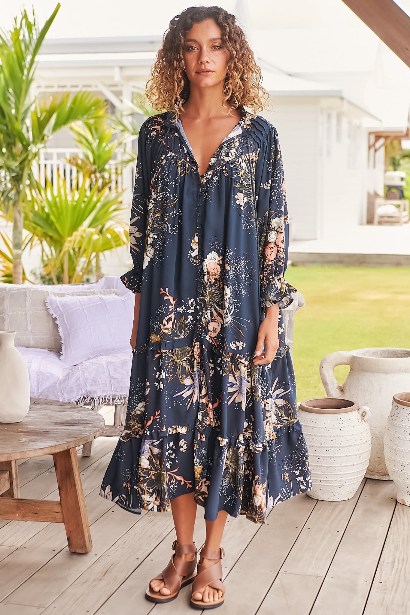 JAASE - Briana Midi Dress: Frill Collar Oversized Buttoned Dress with Waist Tie and Frill Splicing in Indigo Print