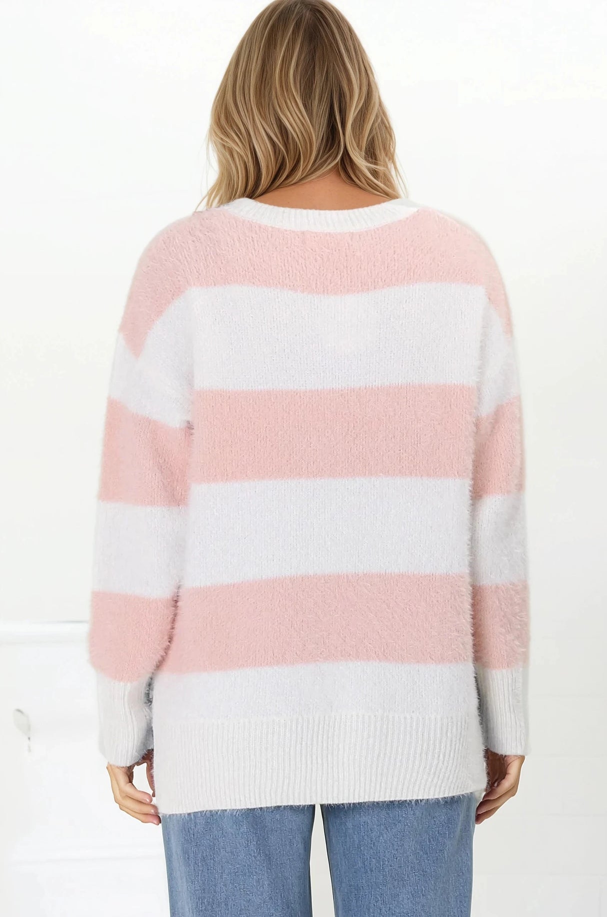 Bridget Jumper - Crew Neck Striped Jumper with Step Hem in Pink