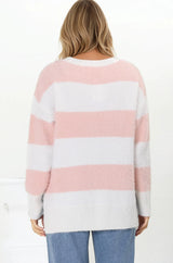 Bridget Jumper - Crew Neck Striped Jumper with Step Hem in Pink