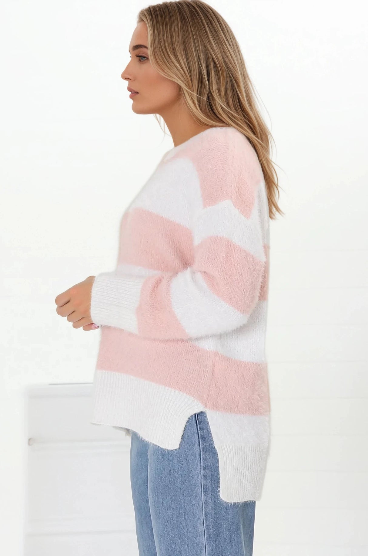 Bridget Jumper - Crew Neck Striped Jumper with Step Hem in Pink