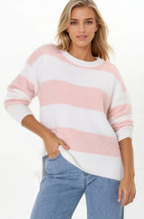 Bridget Jumper - Crew Neck Striped Jumper with Step Hem in Pink