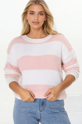 Bridget Jumper - Crew Neck Striped Jumper with Step Hem in Pink