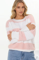 Bridget Jumper - Crew Neck Striped Jumper with Step Hem in Pink