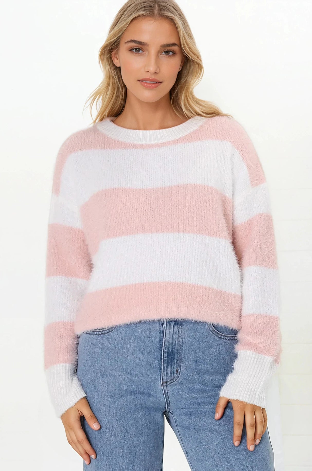Bridget Jumper - Crew Neck Striped Jumper with Step Hem in Pink
