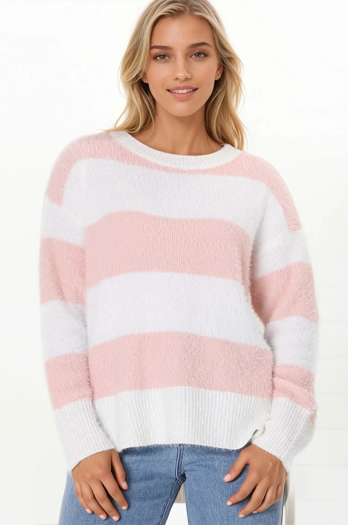 Bridget Jumper - Crew Neck Striped Jumper with Step Hem in Pink