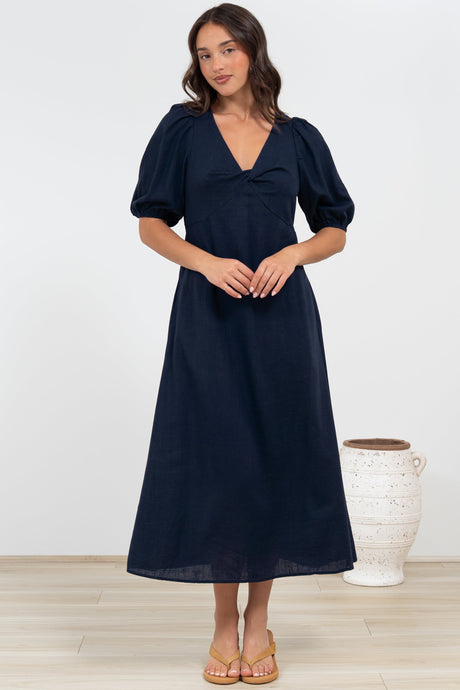 Brie Midi Dress - V-Neck Empire Line Dress with Pockets in Navy