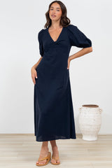 Brie Midi Dress - V-Neck Empire Line Dress with Pockets in Navy