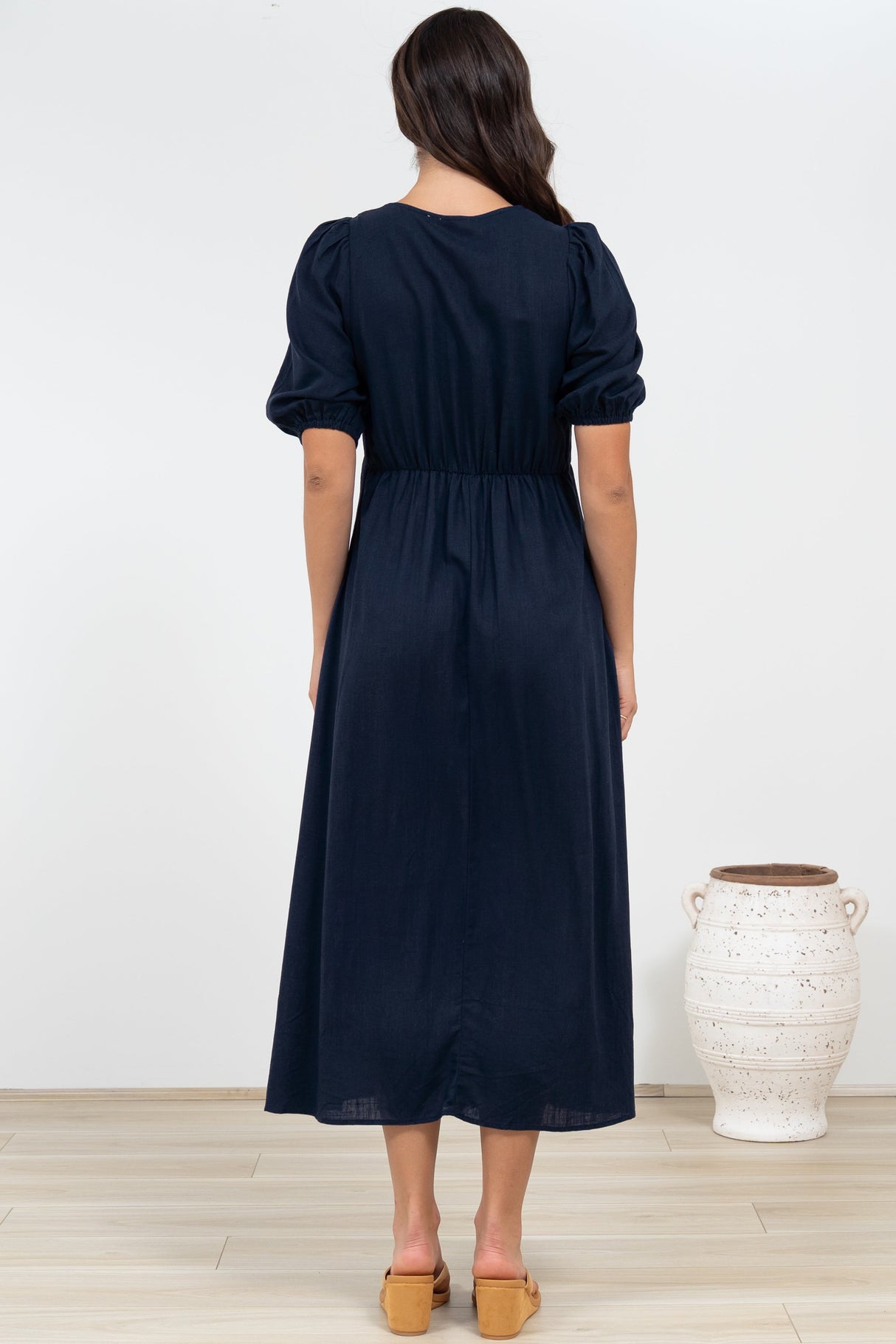Brie Midi Dress - V-Neck Empire Line Dress with Pockets in Navy