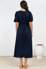 Brie Midi Dress - V-Neck Empire Line Dress with Pockets in Navy