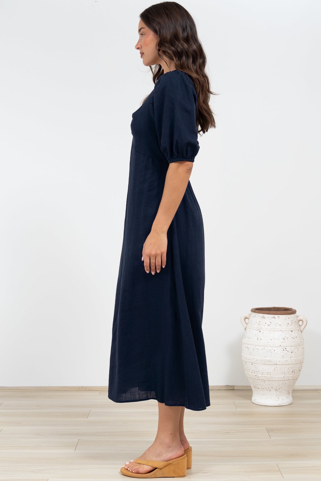 Brie Midi Dress - V-Neck Empire Line Dress with Pockets in Navy