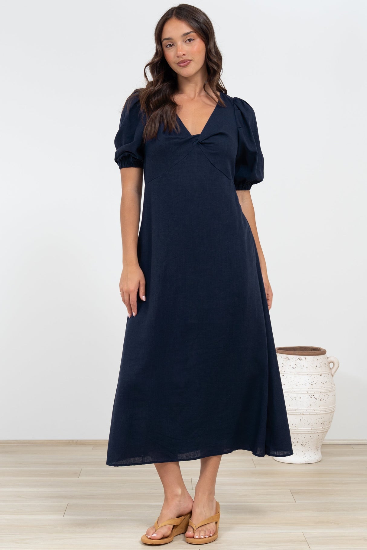 Brie Midi Dress - V-Neck Empire Line Dress with Pockets in Navy