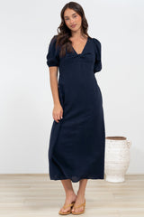 Brie Midi Dress - V-Neck Empire Line Dress with Pockets in Navy