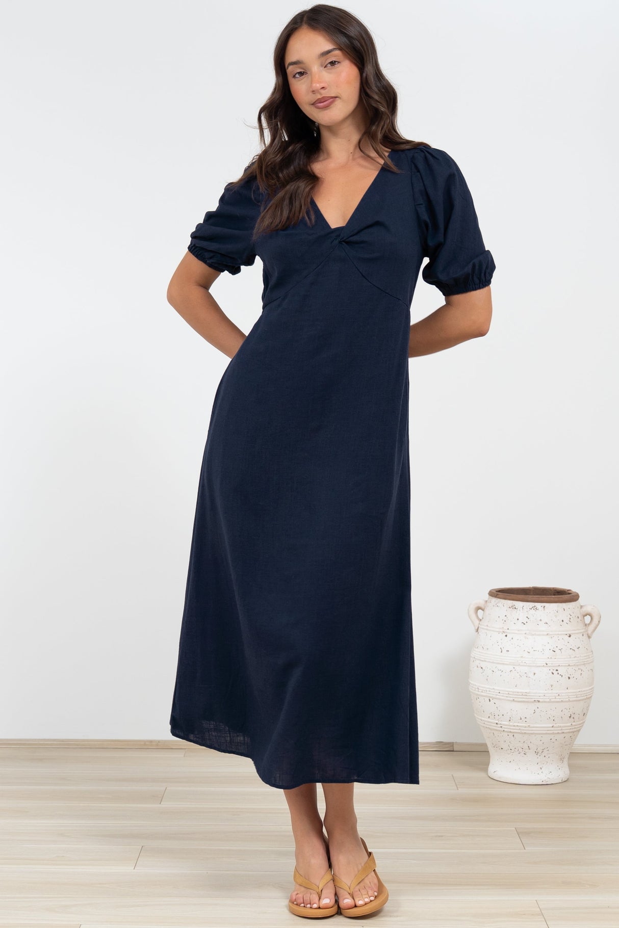 Brie Midi Dress - V-Neck Empire Line Dress with Pockets in Navy