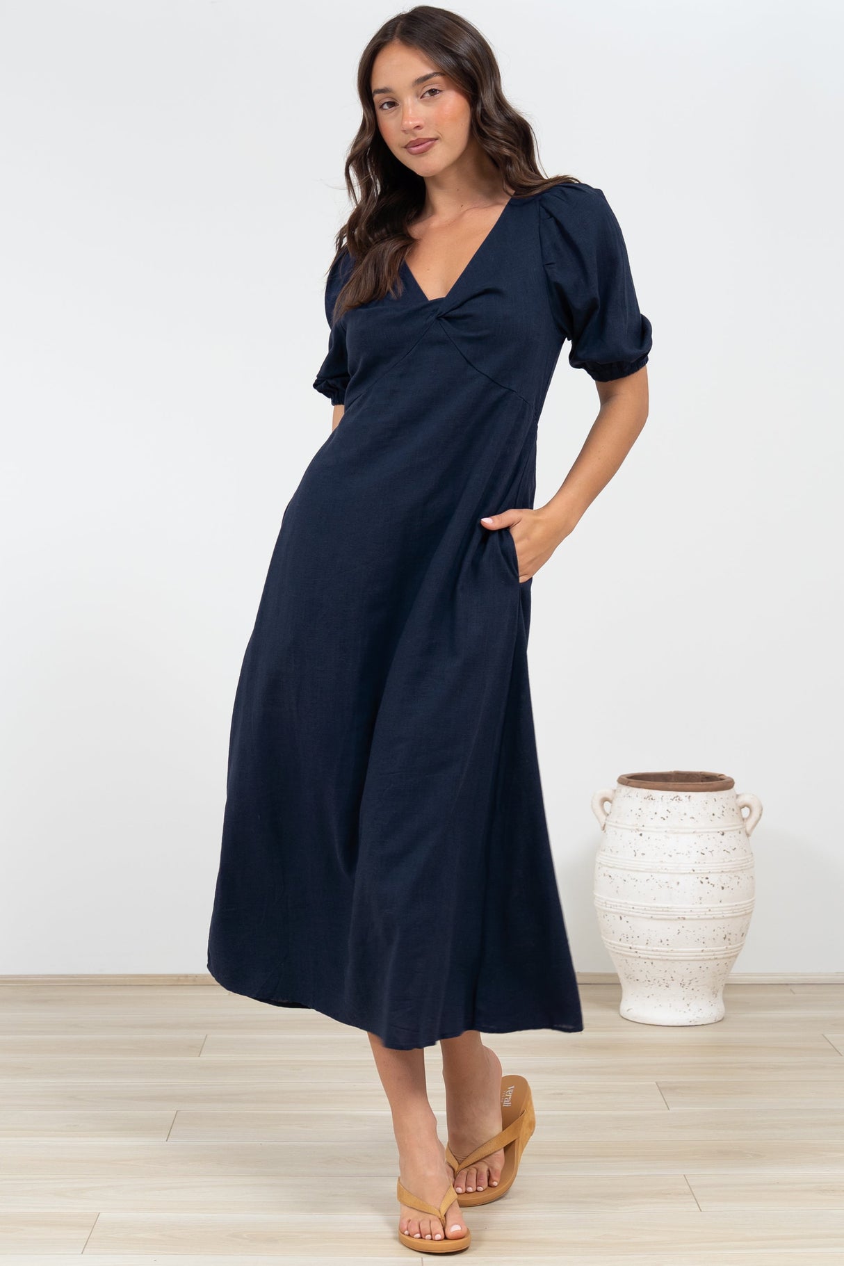 Brie Midi Dress - V-Neck Empire Line Dress with Pockets in Navy