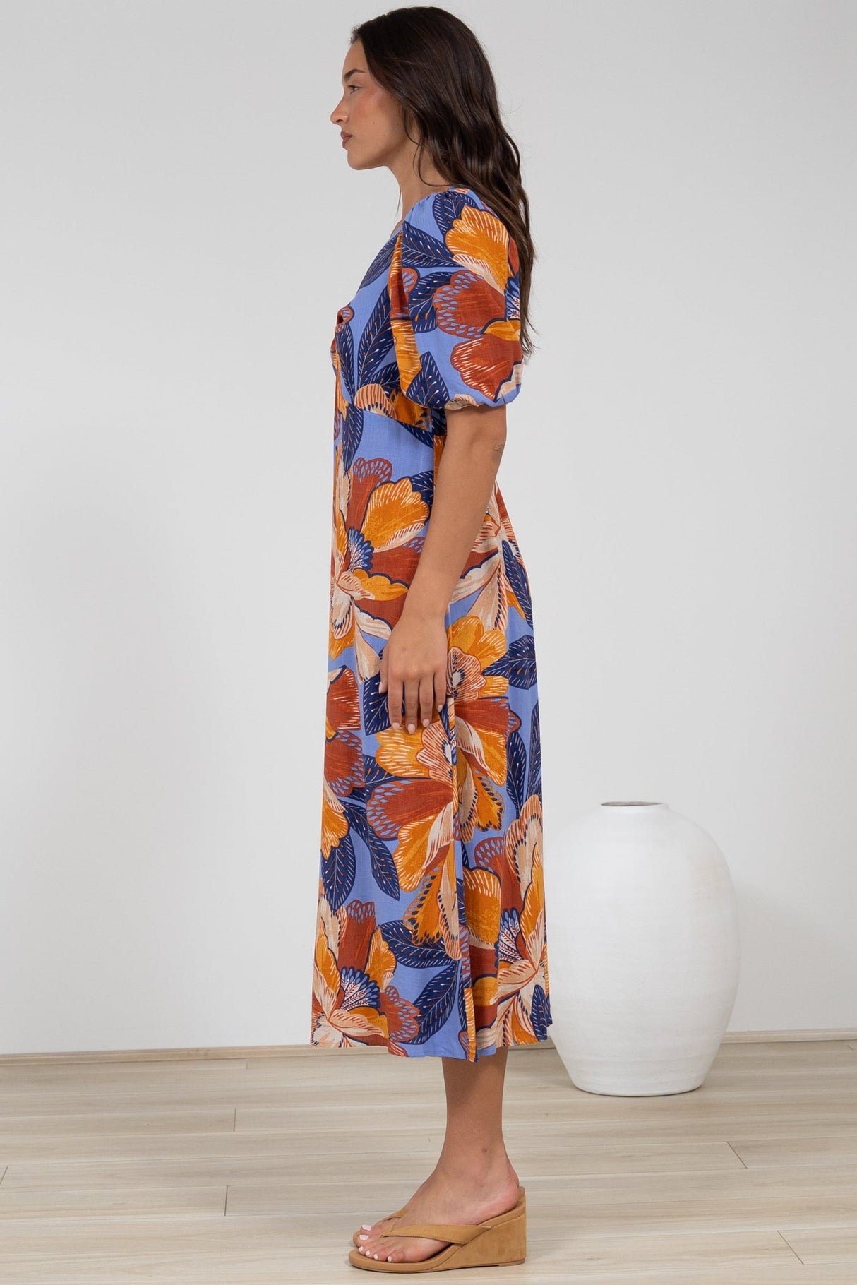Brie Midi Dress - V-Neck Empire Line Dress with Pockets in Bittersweet Print