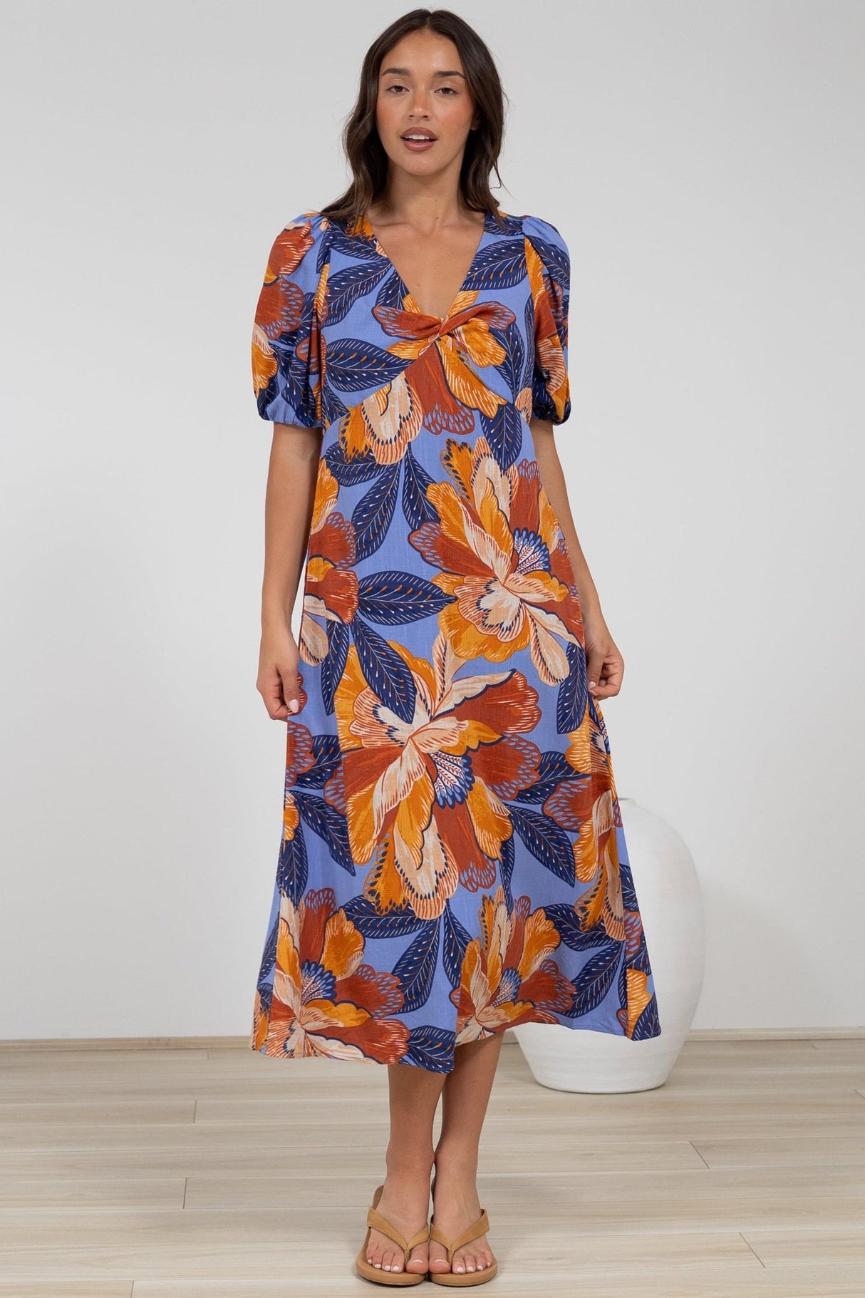 Brie Midi Dress - V-Neck Empire Line Dress with Pockets in Bittersweet Print