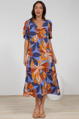 Brie Midi Dress - V-Neck Empire Line Dress with Pockets in Bittersweet Print