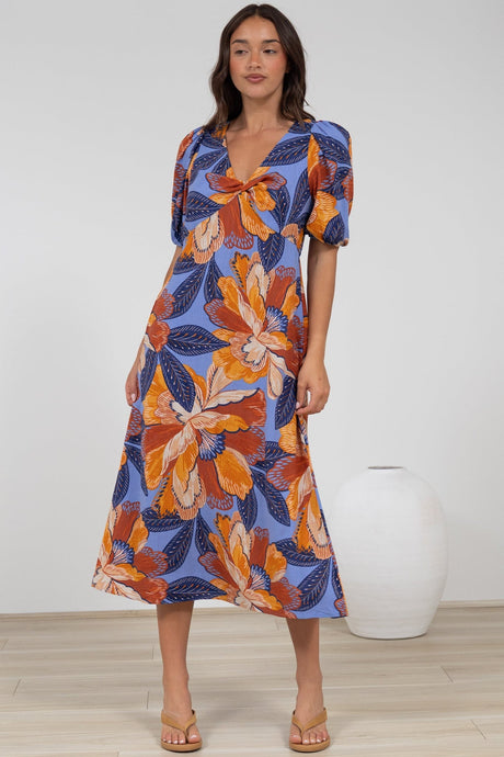 Brie Midi Dress - V-Neck Empire Line Dress with Pockets in Bittersweet Print