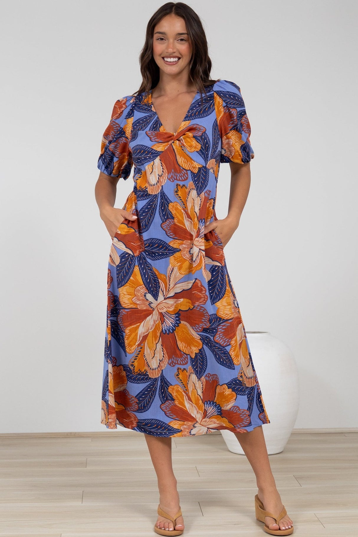 Brie Midi Dress - V-Neck Empire Line Dress with Pockets in Bittersweet Print