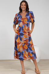 Brie Midi Dress - V-Neck Empire Line Dress with Pockets in Bittersweet Print