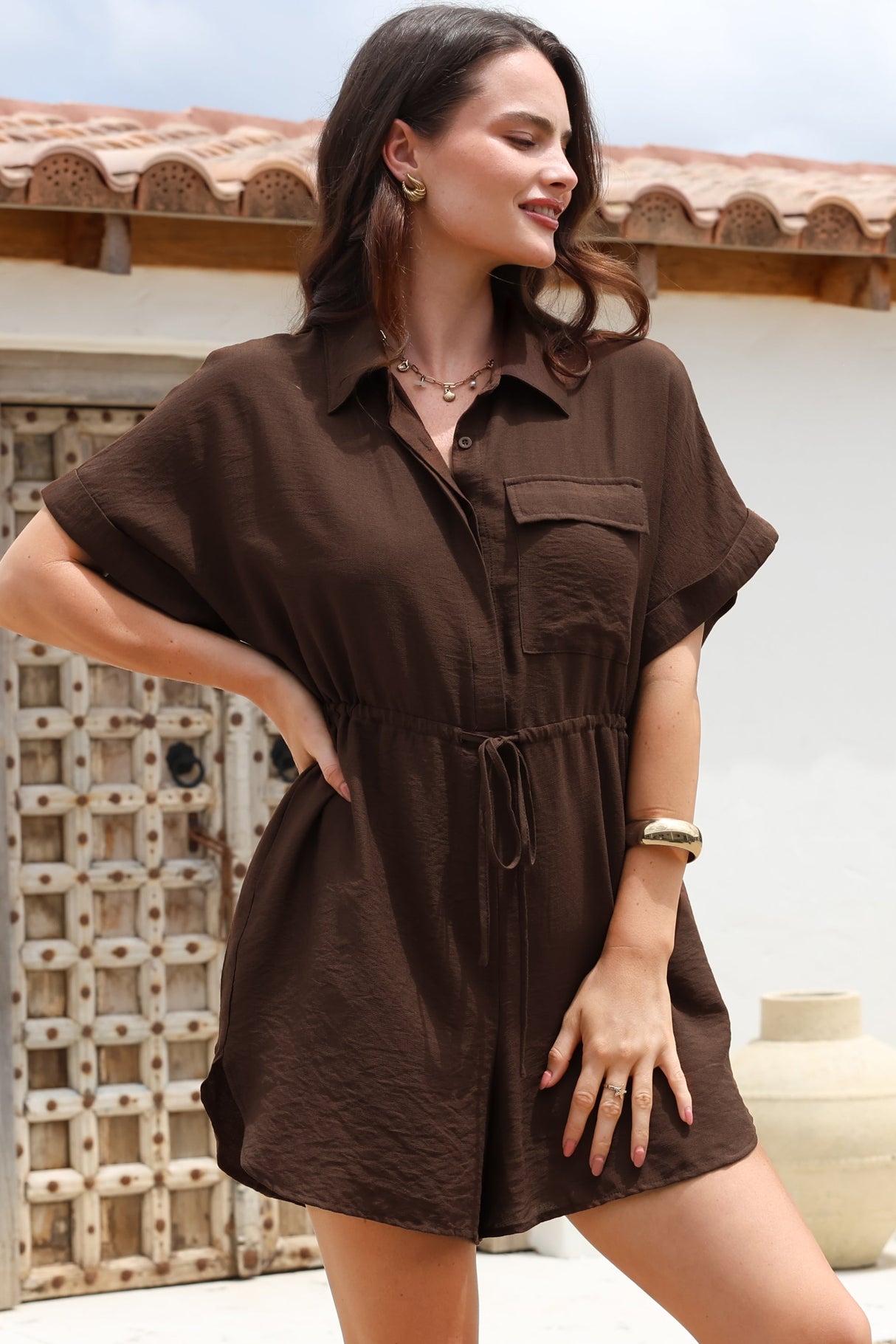 Brienne Playsuit - Collared Pull Tie Waist Playsuit with Pockets in Chocolate