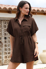Brienne Playsuit - Collared Pull Tie Waist Playsuit with Pockets in Chocolate
